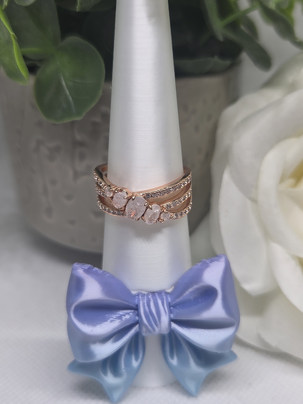BP Triple Band Milky White Opal & CZ Ring On Rose Gold
